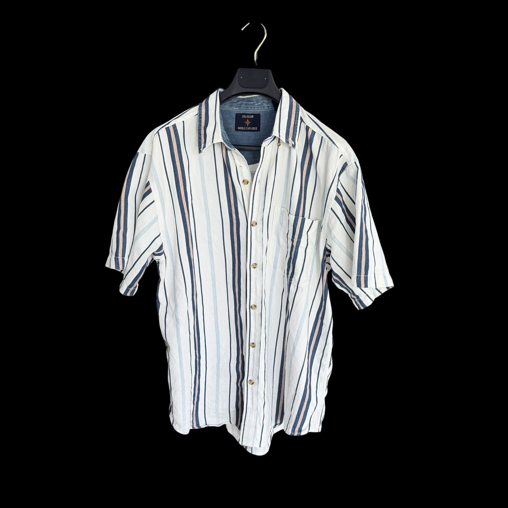 90's Coliseum Large Striped Denim Short Sleeve Cotton Button Down Shirt